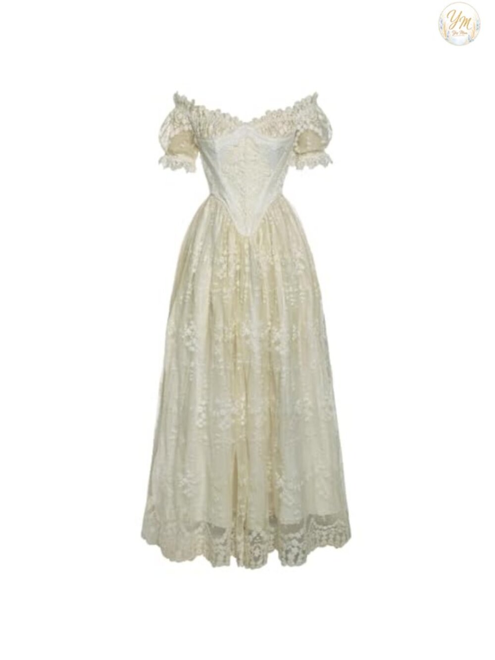 Vibsion Victorian Lace Dress Embroidered Maxi Off-Shoulder